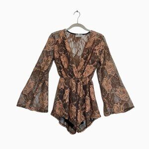 Audrey3+1 Lace Bell Sleeve Short Romper in Black/Rose Gold - Size Small